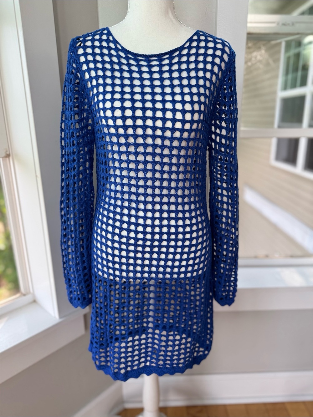 H&M Bright Cobalt Blue Crochet Knit Swim Coverup Tunic Sz XS